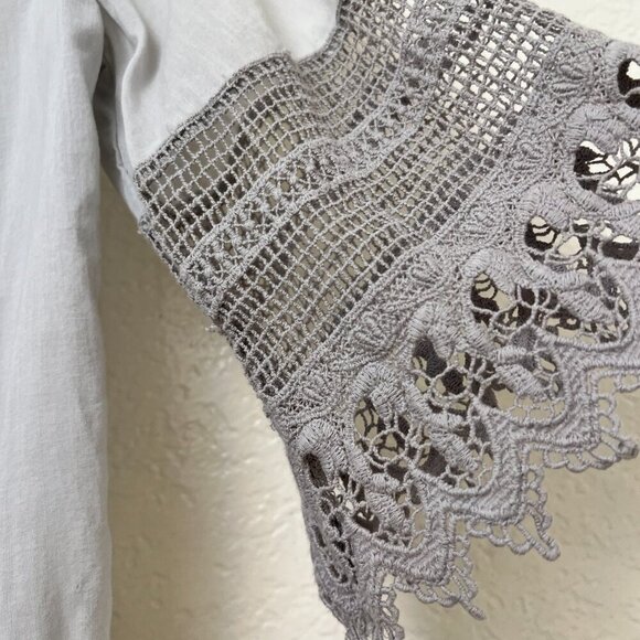 Gray Pintuck Crochet Lace Top Coastal Grandma Oversize Boho Whimsigoth Sz Small - Picture 7 of 12